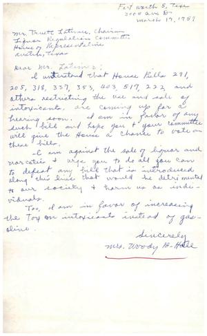 [Letter from Mrs. Woody B. Hale to Truett Latimer, March 17, 1959]
