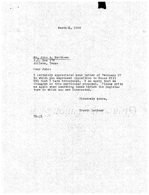 [Letter from Truett Latimer to John A. Matthews, March 11, 1959]