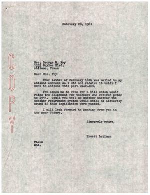 [Letter from Truett Latimer to Mrs. George W. Fry, February 28, 1961]