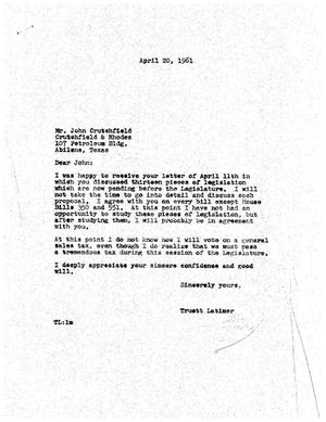 [Letter from Truett Latimer to John Crutchfield, April 20, 1961]