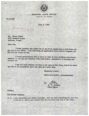 [Letter from Bill Allcorn to Derry Fulks, June 4, 1959]