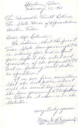 [Letter from Mrs. D. L. Crump to Truett Latimer, February 27, 1961]