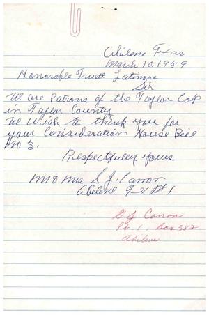 [Letter from Mr. and Mrs. G. J. Canon to Truett Latimer, March 10, 1959]