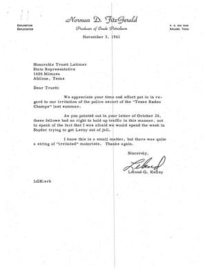 [Letter from Leland G. Kelley to Truett Latimer, November 3, 1961]