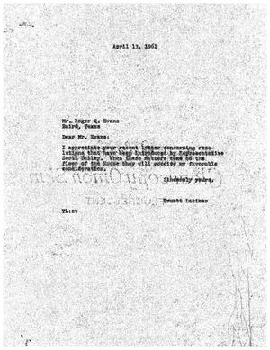 [Letter from Truett Latimer to Roger Q. Evans, April 13, 1961]