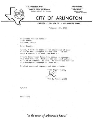 [Letter from Tom J. Vandergriff to Truett Latimer, February 29, 1960]