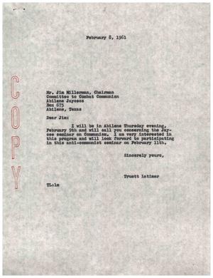 Primary view of object titled '[Letter from Truett Latimer to Jim Millerman, Februar 8, 1961]'.