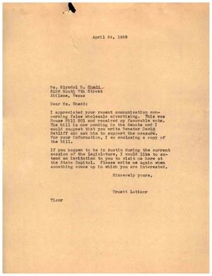[Letter from Truett Latimer to Glyndol H. Shedd, April 24, 1959]