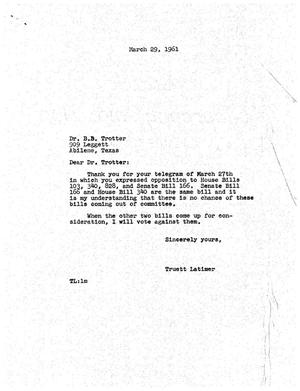 [Letter from Truett Latimer to B. B. Trotter, March 29, 1961]