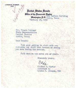 [Letter from Clifton C. Carter to Truett Latimer, February 25, 1959]
