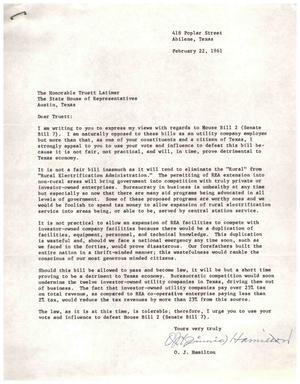[Letter from O. J. Hamilton to Truett Latimer, February 22, 1961]
