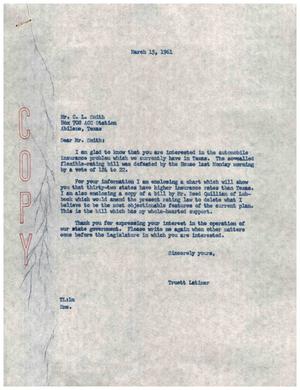 [Letter from Truett Latimer to C. L. Smith, March 15, 1961]