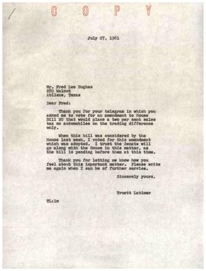 [Letter from Truett Latimer to Fred Lee Hughes, July 27, 1961]