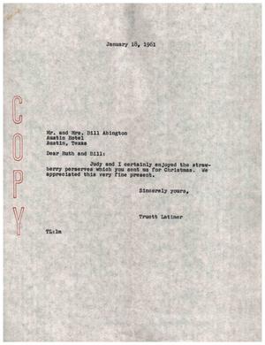 Primary view of object titled '[Letter from Truett Latimer to Mr. and Mrs. Bill Abington, January 18, 1961]'.