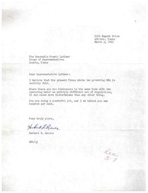 Primary view of object titled '[Letter from Herbert F. Reeves to Truett Latimer, March 3, 1961]'.