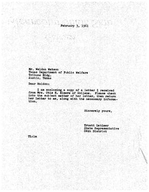 [Letter from Truett Latimer to Weldon Watson, February 3, 1961]