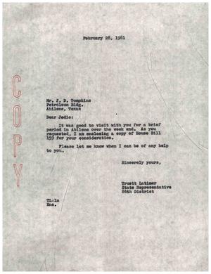 [Letter from Truett Latimer to J. D. Tompkins, February 28, 1961]
