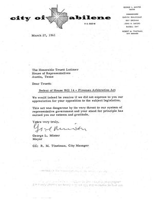 [Letter from George L. Minter to Truett Latimer, March 27, 1961]