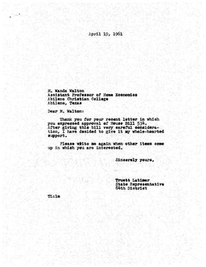 Primary view of object titled '[Letter from Truett Latimer to M. Wanda Walton, April 19, 1961]'.