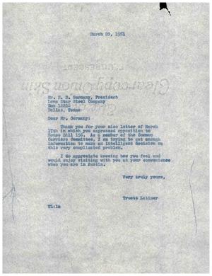 Primary view of object titled '[Letter from Truett Latimer to E. B. Germany, March 20, 1961]'.