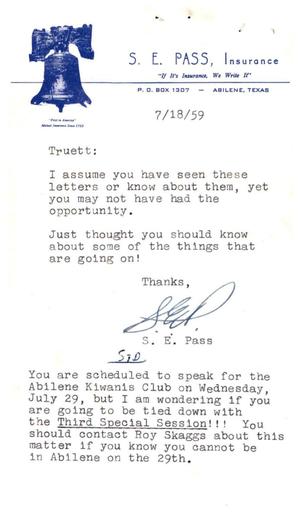 [Letter from S. E. Pass to Truett Latimer, July 18, 1959]