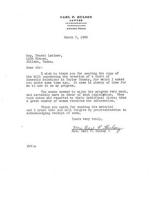 [Letter from Mrs. Carl P. Hulsey to Truett Latimer, March 7, 1960]