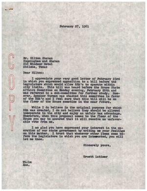 Primary view of object titled '[Letter from Truett Latimer to Hilton Shahan, February 27, 1961]'.
