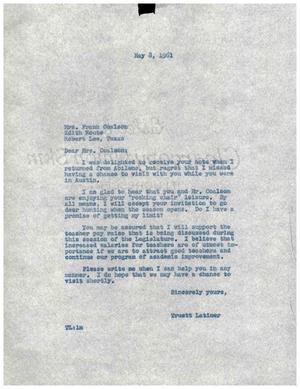 Primary view of object titled '[Letter from Truett Latimer to Mrs. Frank Coalson, May 8, 1961]'.