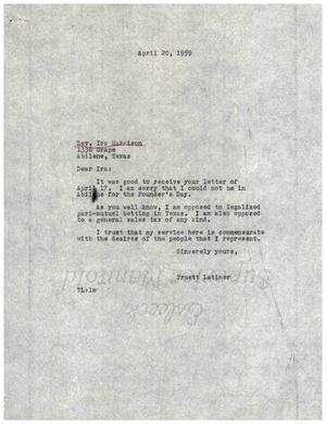 [Letter from Truett Latimer to Ira Harrison, April 20, 1959]