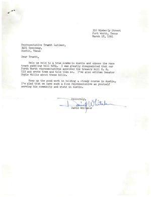 Primary view of object titled '[Letter from David Whitaker to Truett Latimer, March 18, 1961]'.