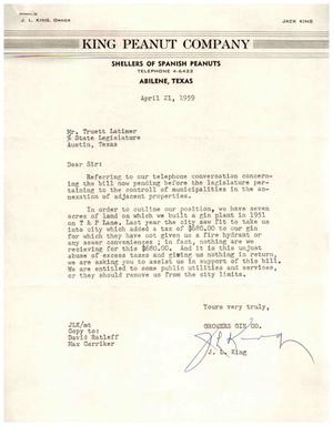 Primary view of object titled '[Letter from J. L. King to Truett Latimer, April 21, 1959]'.
