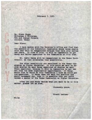 [Letter from Truett Latimer to Glenn Biggs, February 7, 1961]