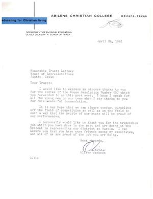 [Letter from Oliver Jackson to Truett Latimer, April 24, 1961]
