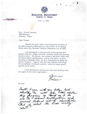 [Letter from Price Daniel to Truett Latimer, October 6, 1958]