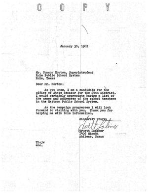 Primary view of object titled '[Letter from Truett Latimer to Connor Horton, January 30, 1962]'.
