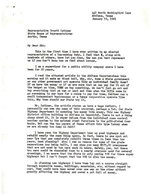 Primary view of object titled '[Letter from Raymond Soloski to Truett Latimer, January 19, 1961]'.