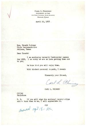 [Letter from Carl L. Phinney to Truett Latimer, April 16, 1958]