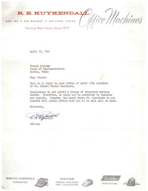 Primary view of object titled '[Letter from R. E. Kuykendall to Truett Latimer, April 17, 1961]'.