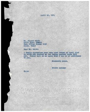 Primary view of object titled '[Letter from Truett Latimer to Roland Heldt, April 26, 1961]'.