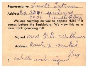 [Postcard from Mrs. E. B. Willewn to Truett Latimer, 1961]