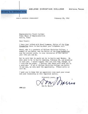 [Letter from Don H. Morris to Truett Latimer, February 23, 1961]