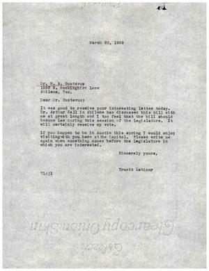 Primary view of object titled '[Letter from Truett Latimer to Dr. H. A. Gustavus, March 20, 1959]'.