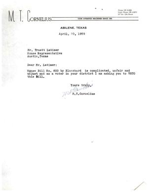 Primary view of object titled '[Letter from M. T. Cornelius to Truett Latimer, April 20, 1959]'.