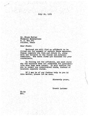 [Letter from Truett Latimer to Frank Fuller, July 10, 1961]
