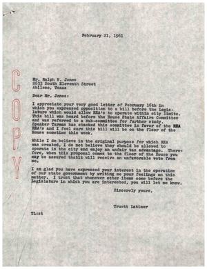 [Letter from Truett Latimer to Ralph H. Jones, February 21, 1961]