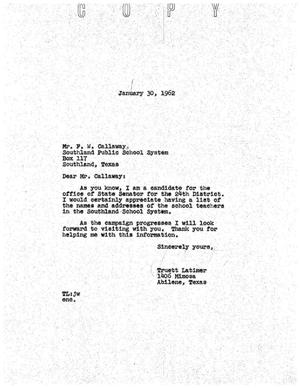Primary view of object titled '[Letter from Truett Latimer to F. W. Callaway, January 30, 1962]'.