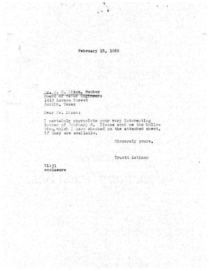 [Letter from Truett Latimer to R. M. Dixon, February 13, 1959]