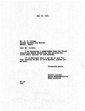 [Letter from Truett Latimer to W. D. Carson, May 18, 1961]