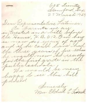 [Letter from Mrs. Eldud E. Link to Truett Latimer, March 27, 1959]