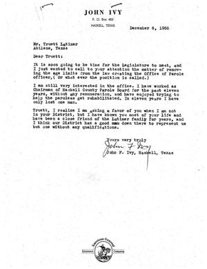 Primary view of object titled '[Letter from John F. Ivy to Truett Latimer, December 6, 1958]'.